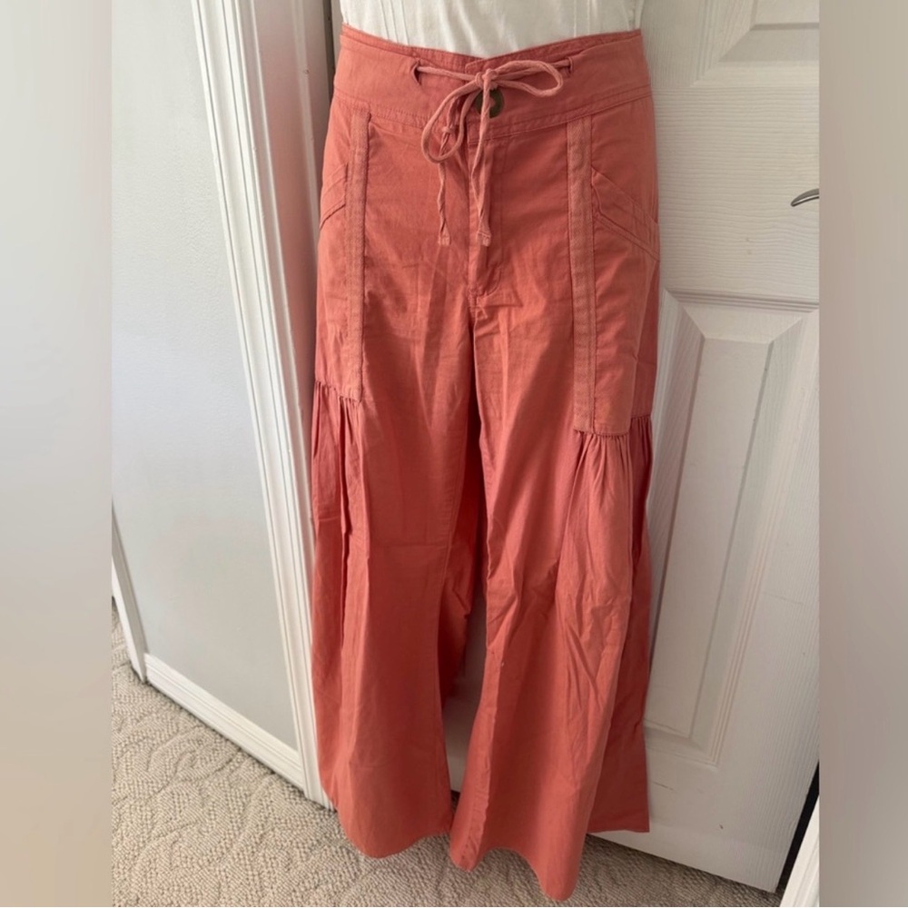 Contrast Drawstring Wide-Leg Pants - Coral  size small
